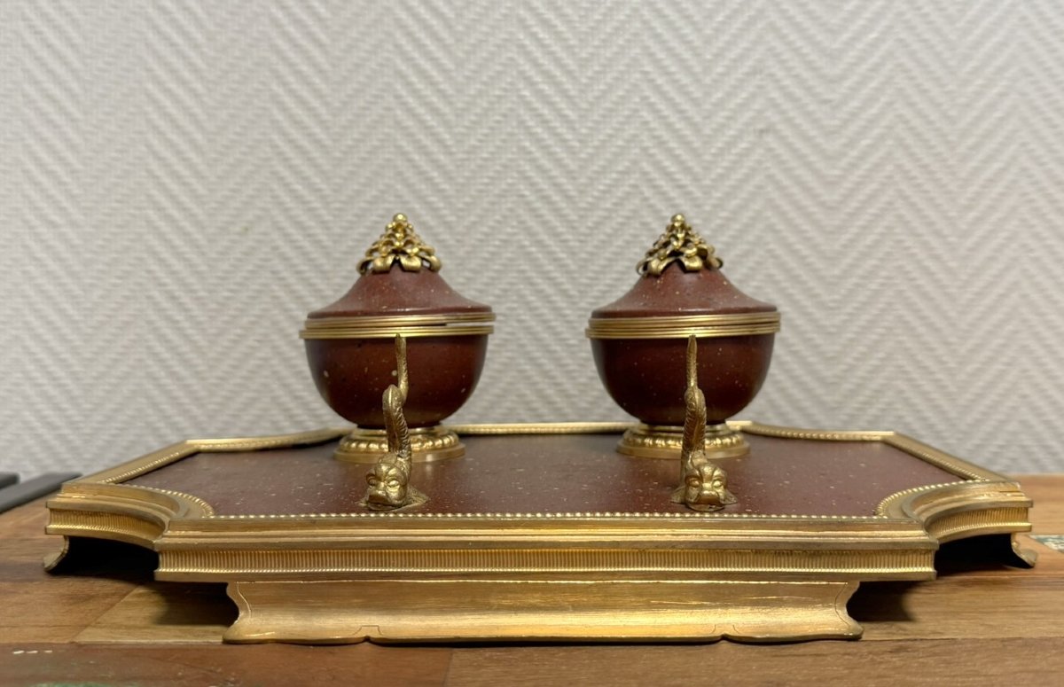 Empire Dolphin Inkwell In Gilt Bronze And Griotte Marble -photo-1