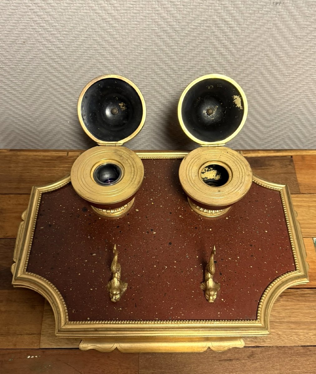 Empire Dolphin Inkwell In Gilt Bronze And Griotte Marble -photo-4