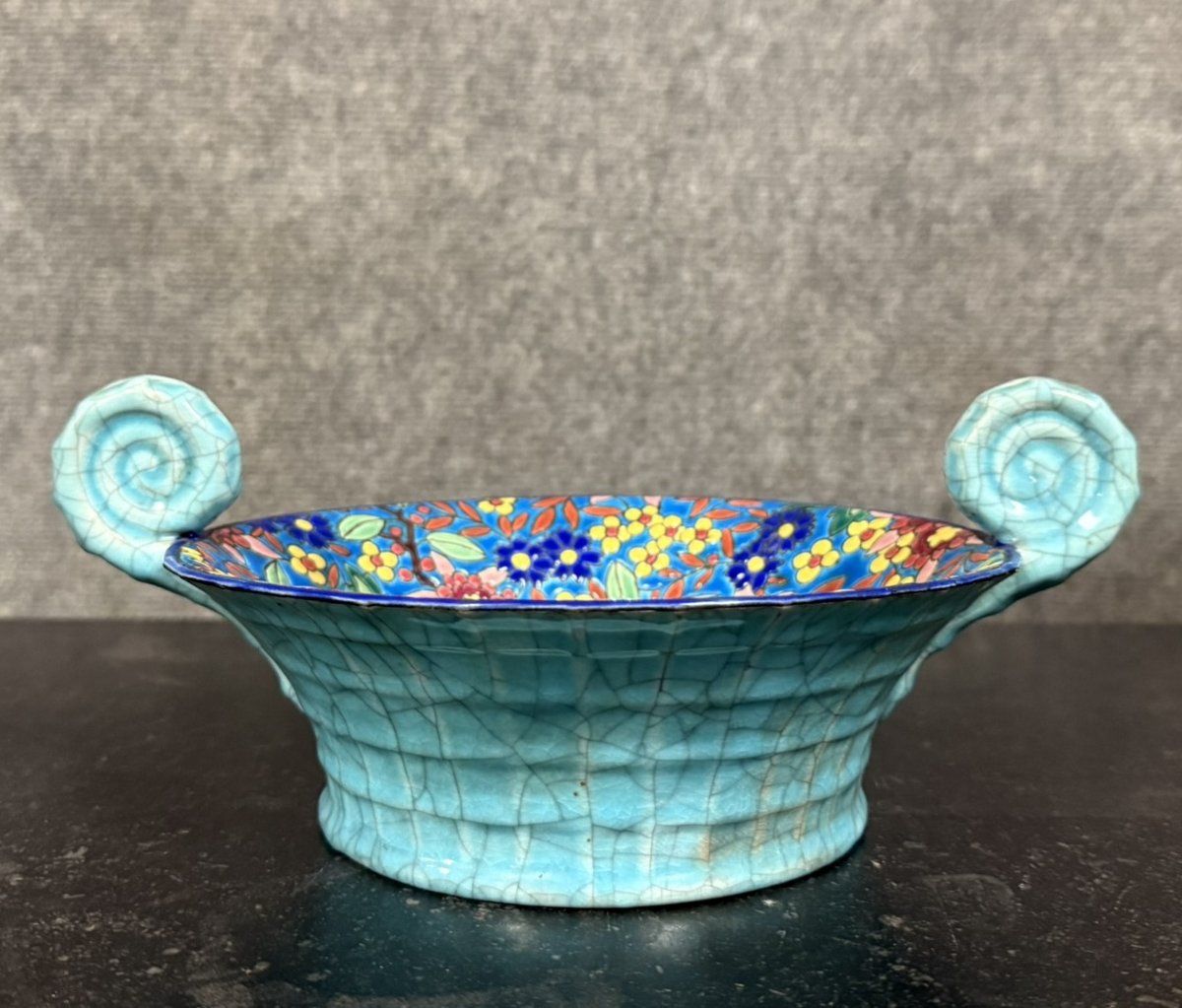 Longwy: Important Bowl Or Empty Pocket In Polychrome Cloisonné And Craquelé Enamels -photo-3