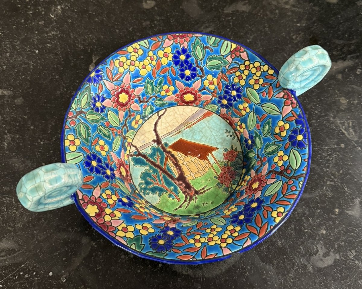 Longwy: Important Bowl Or Empty Pocket In Polychrome Cloisonné And Craquelé Enamels -photo-4