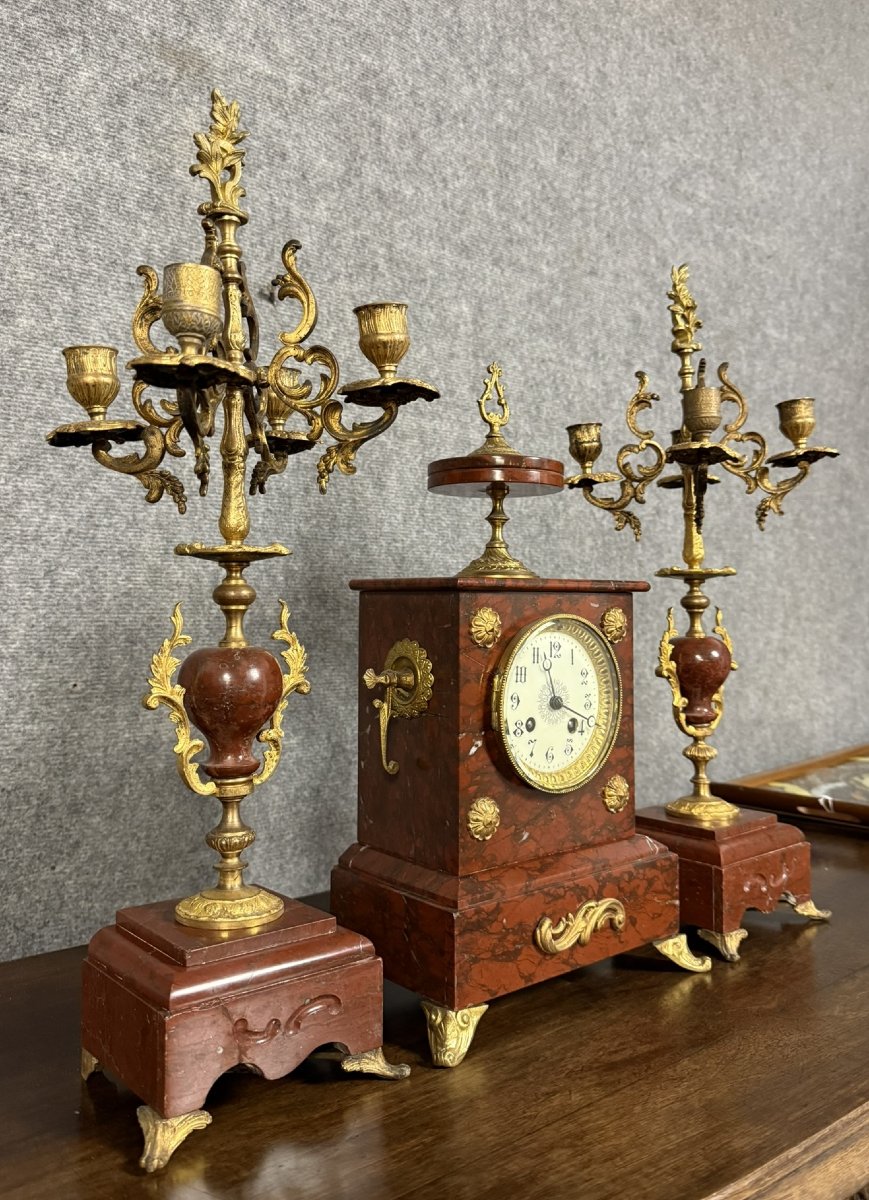 Garniture De Cheminée époque Napoléon III Composée D’une Pendule Et De Deux Candelabres -photo-1