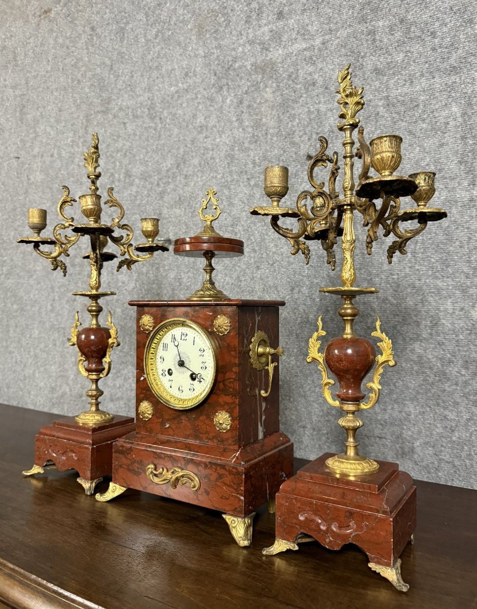 Garniture De Cheminée époque Napoléon III Composée D’une Pendule Et De Deux Candelabres -photo-2