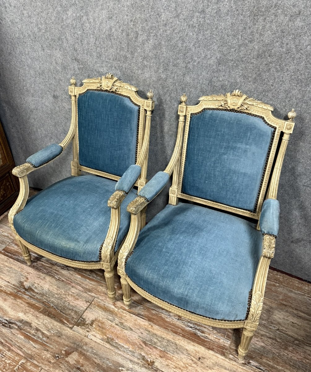 Pair Of Louis XVI Style Armchairs In Molded, Carved And Lacquered Wood -photo-3