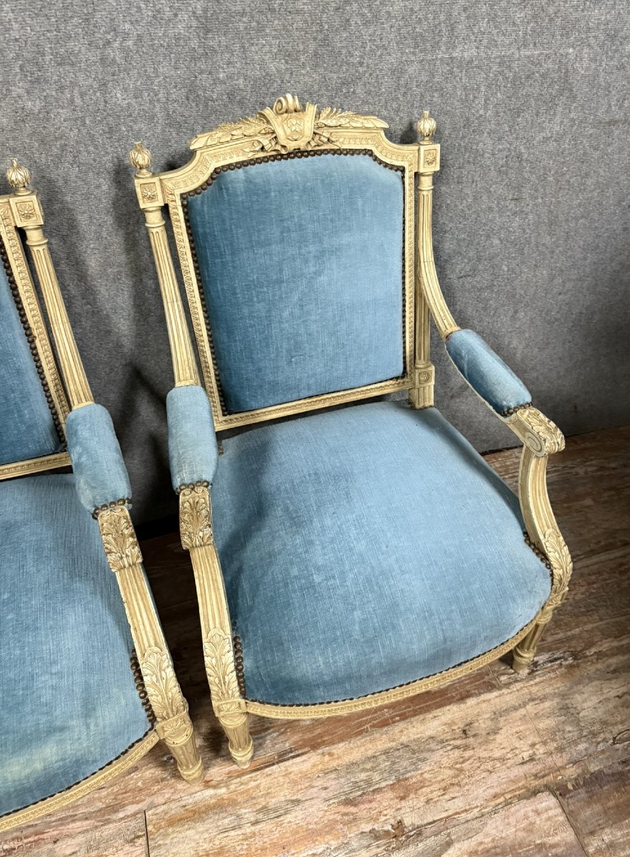 Pair Of Louis XVI Style Armchairs In Molded, Carved And Lacquered Wood -photo-5