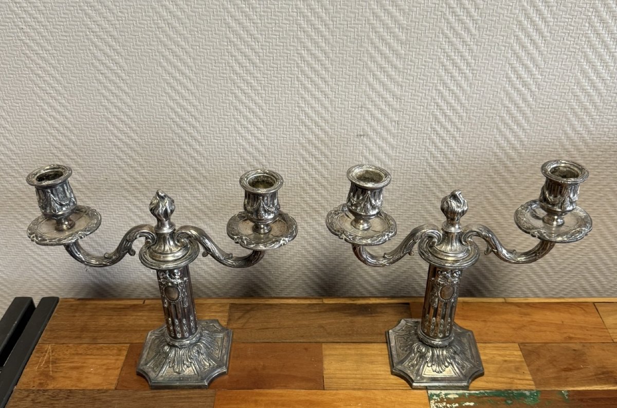 Pair Of Louis XVI Style Candlesticks In Silver-plated Bronze -photo-1