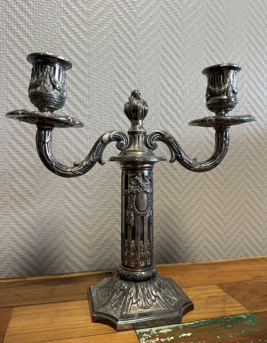 Pair Of Louis XVI Style Candlesticks In Silver-plated Bronze -photo-3