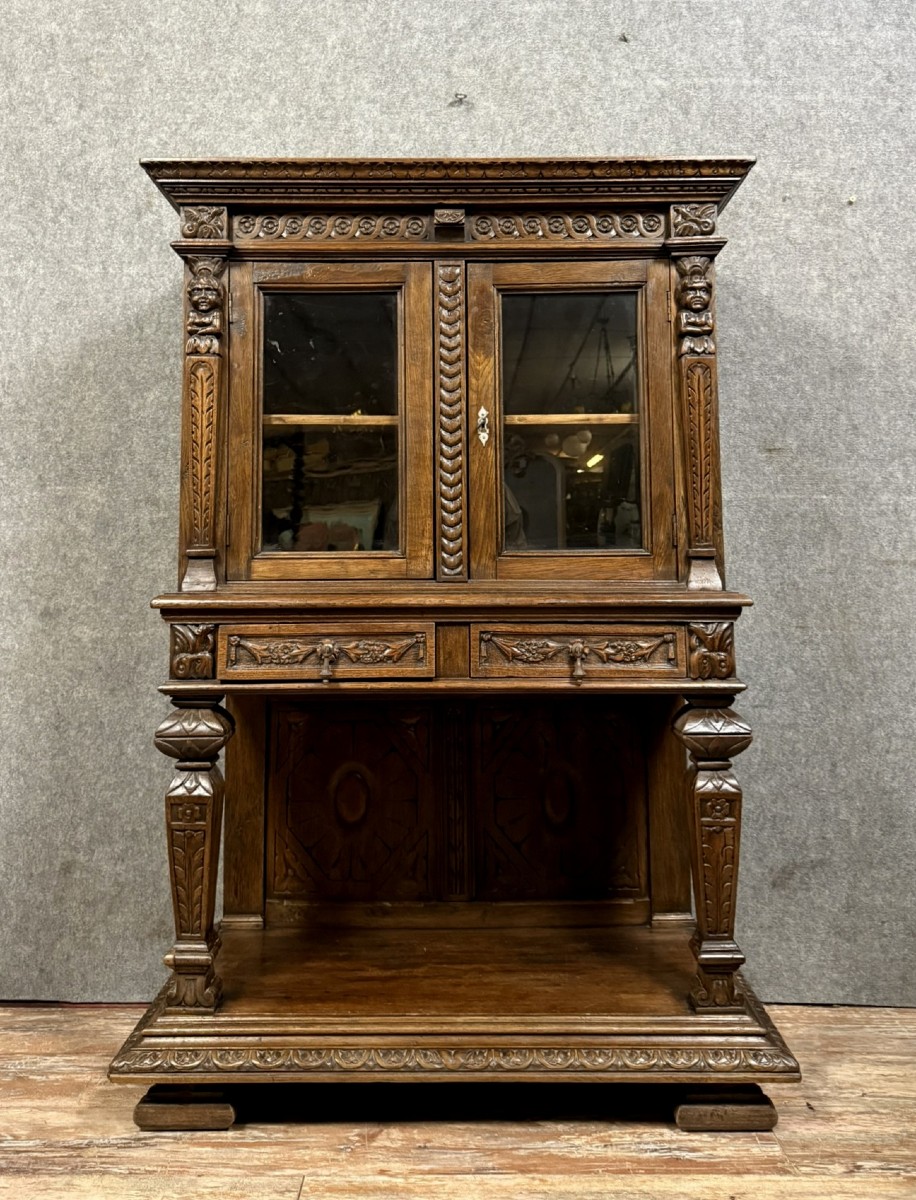 Renaissance Style Solid Oak Console Display Cabinet 