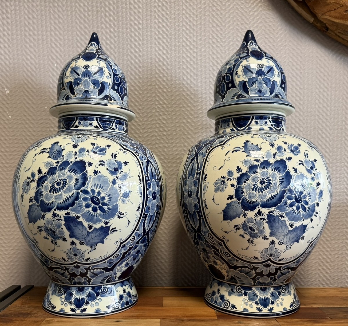 Delft Chinese Decor: Pair Of Large Covered Vases
