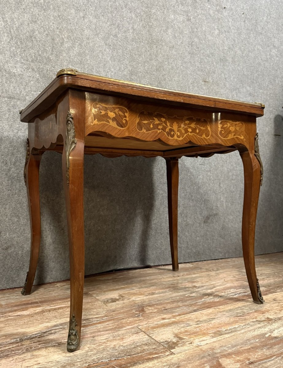 Table De Jeu Style Louis XV En Marquéterie A Décors Géométriques -photo-2