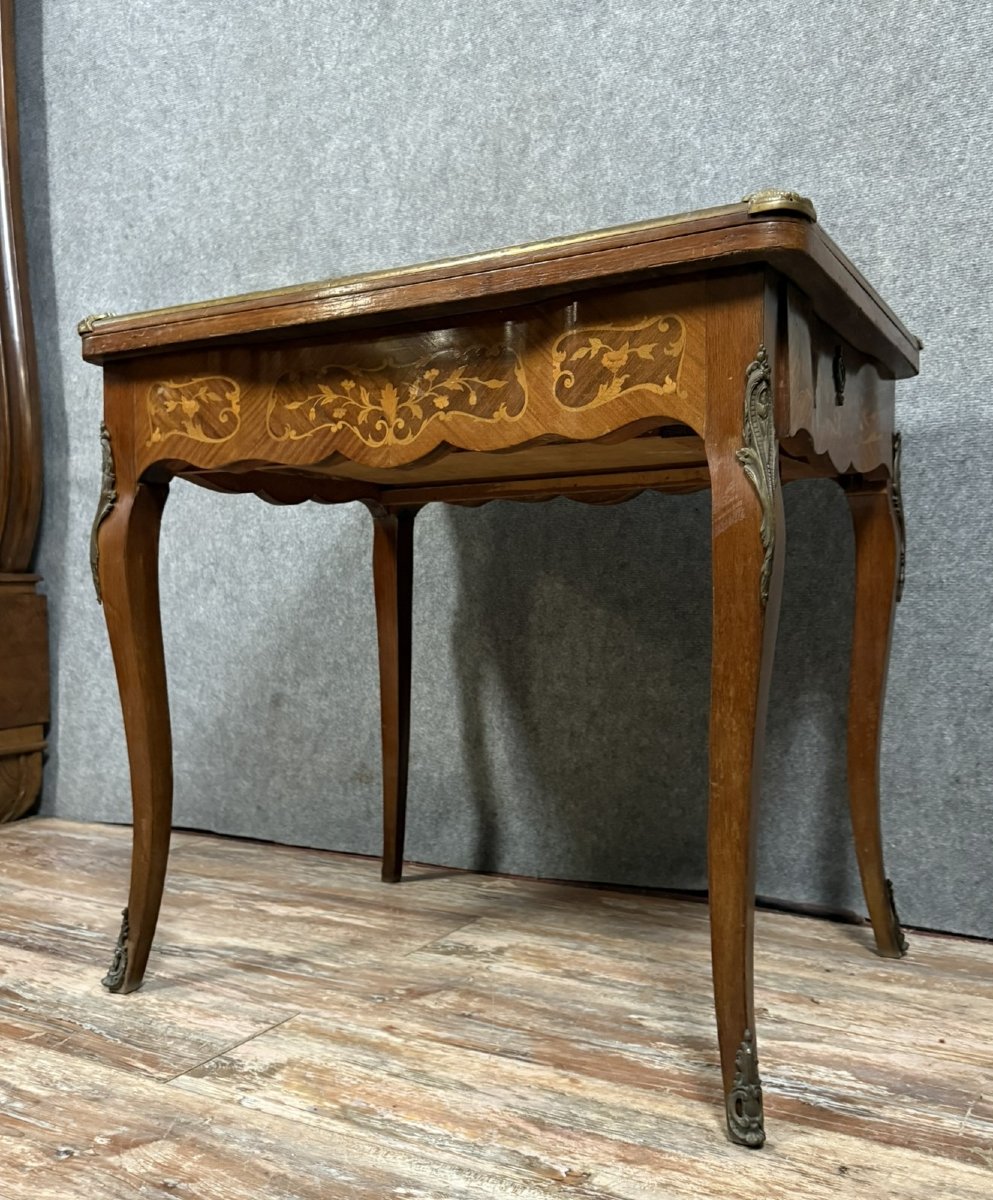 Table De Jeu Style Louis XV En Marquéterie A Décors Géométriques -photo-3