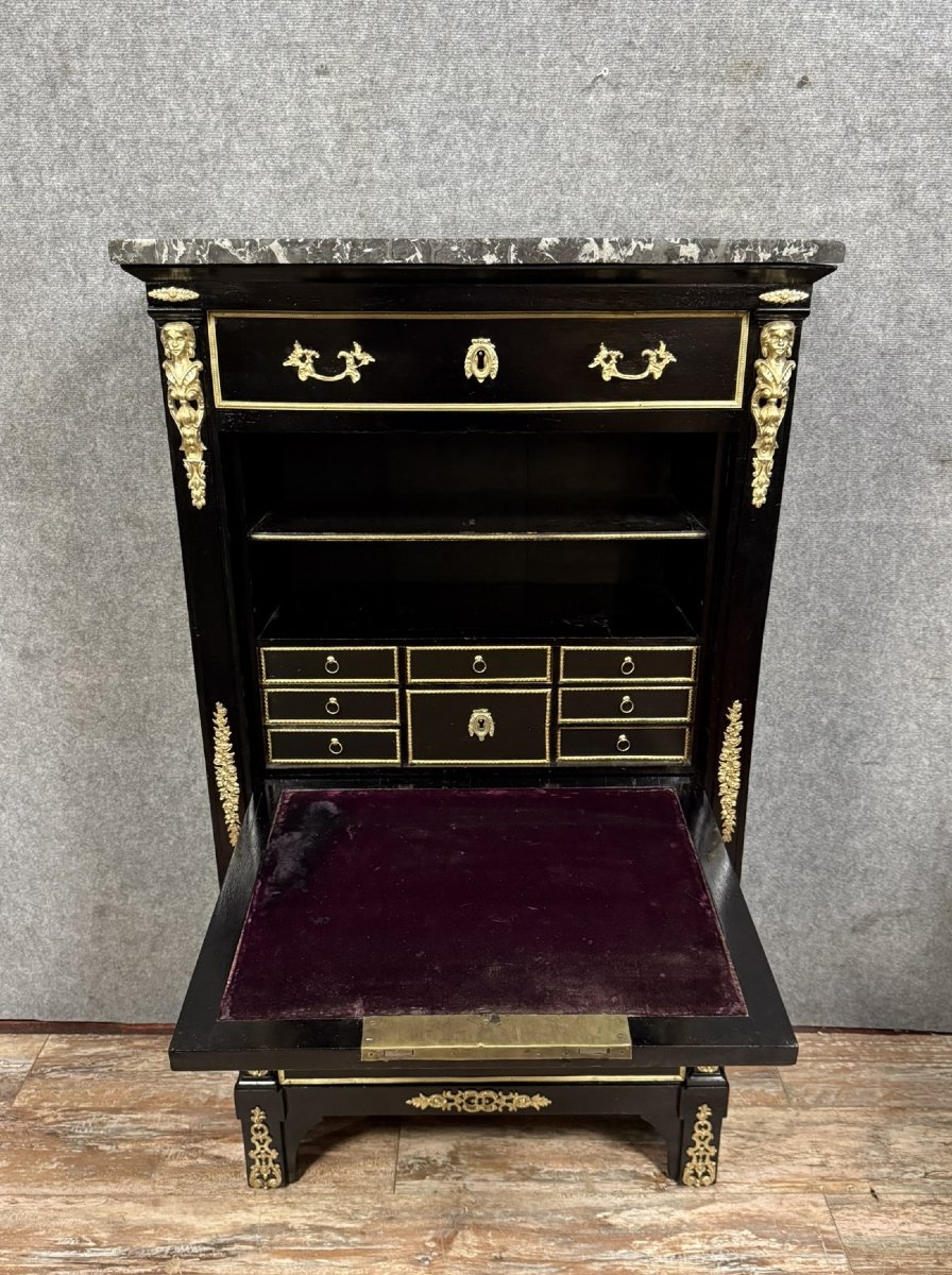Boulle Style Secretary In Black Lacquered Wood And Gilded Bronze -photo-4