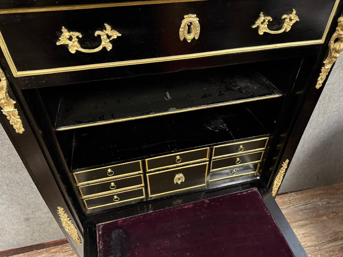 Boulle Style Secretary In Black Lacquered Wood And Gilded Bronze -photo-5