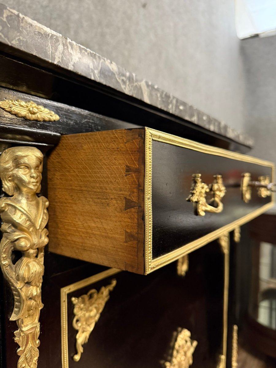 Boulle Style Secretary In Black Lacquered Wood And Gilded Bronze -photo-7