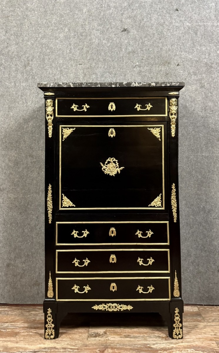 Boulle Style Secretary In Black Lacquered Wood And Gilded Bronze 
