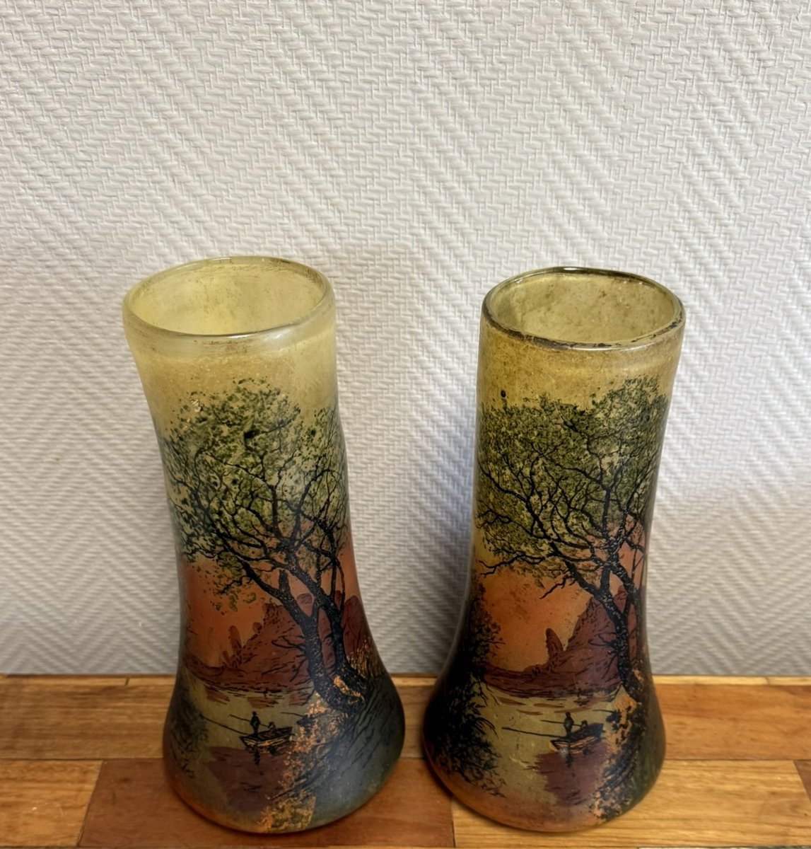 Pair Of Stained Glass Scroll Vases Decorated With A Lively Lake Landscape -photo-1