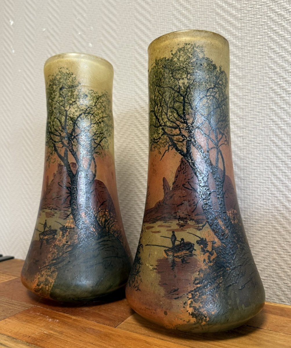 Pair Of Stained Glass Scroll Vases Decorated With A Lively Lake Landscape -photo-4