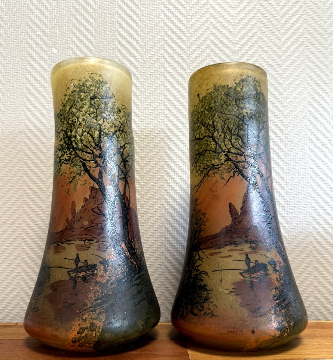 Pair Of Stained Glass Scroll Vases Decorated With A Lively Lake Landscape 