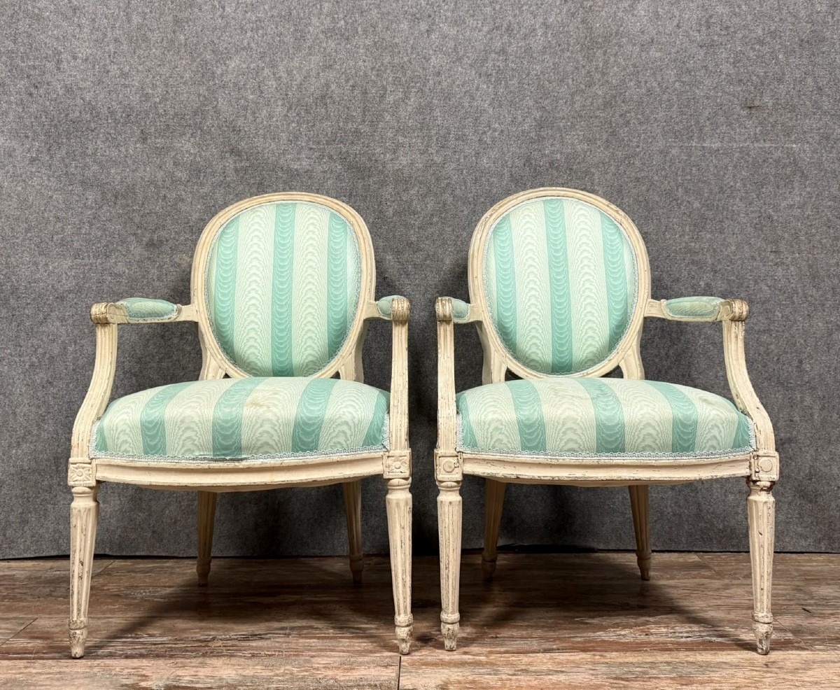 Pair Of Louis XVI Cabriolet Armchairs In Lacquered Wood, 18th Century