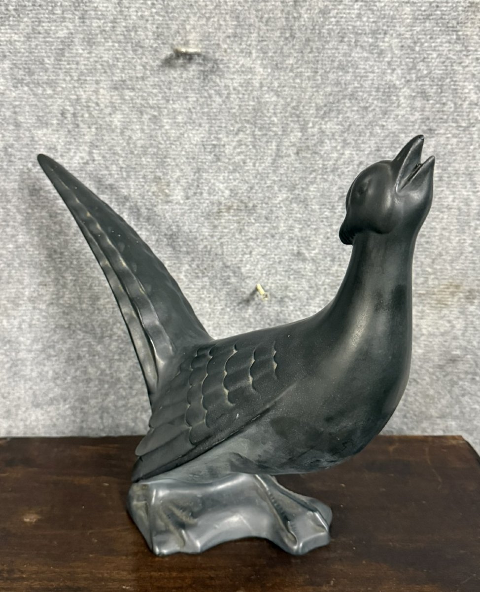 Céramique laquée noire époque Art Déco : oiseau signé Jean  -photo-1