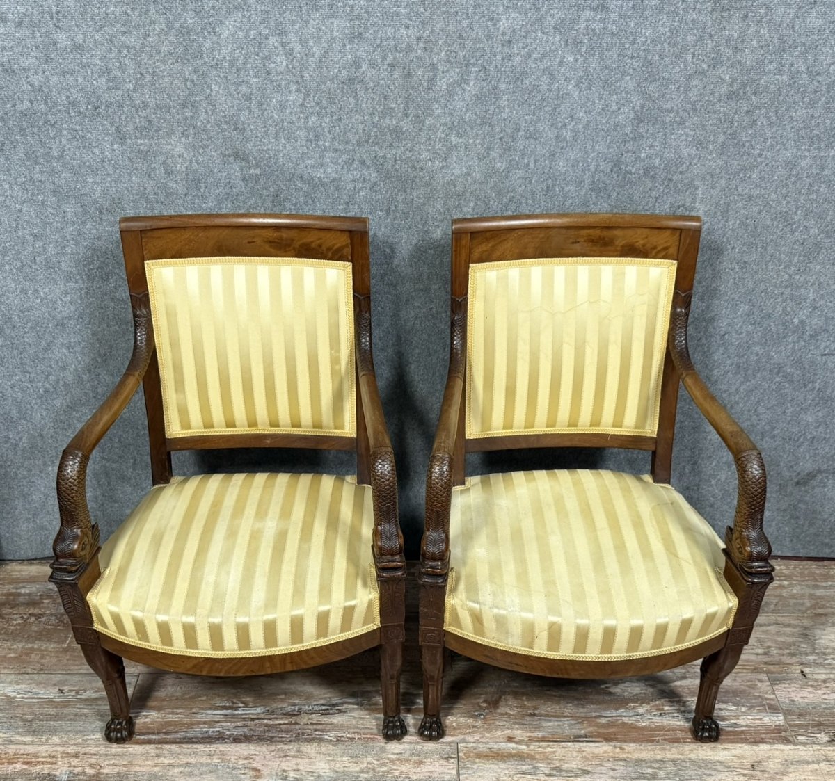 Paire de fauteuils aux Dauphins époque Empire en acajou -photo-1