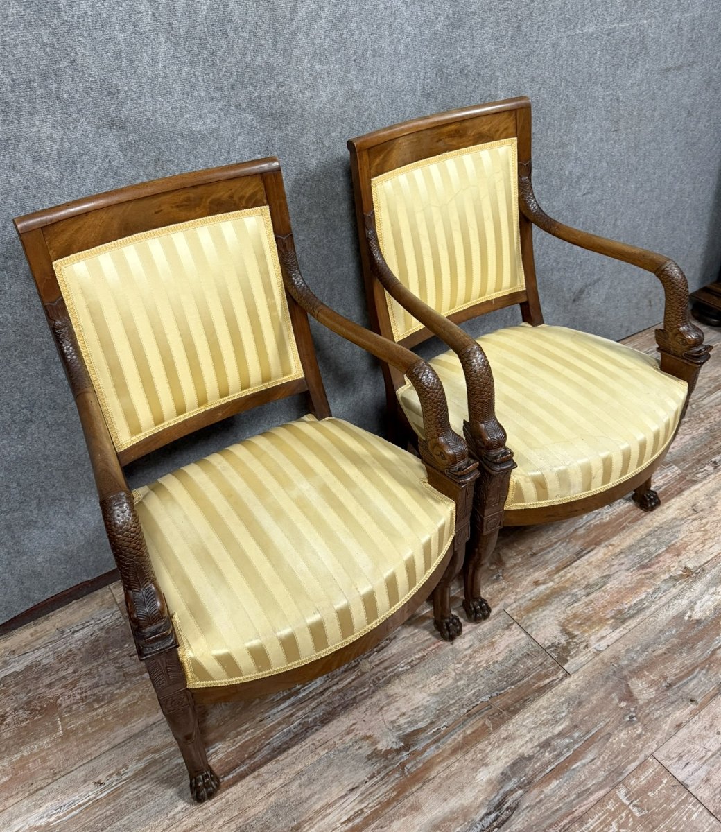 Paire de fauteuils aux Dauphins époque Empire en acajou -photo-2