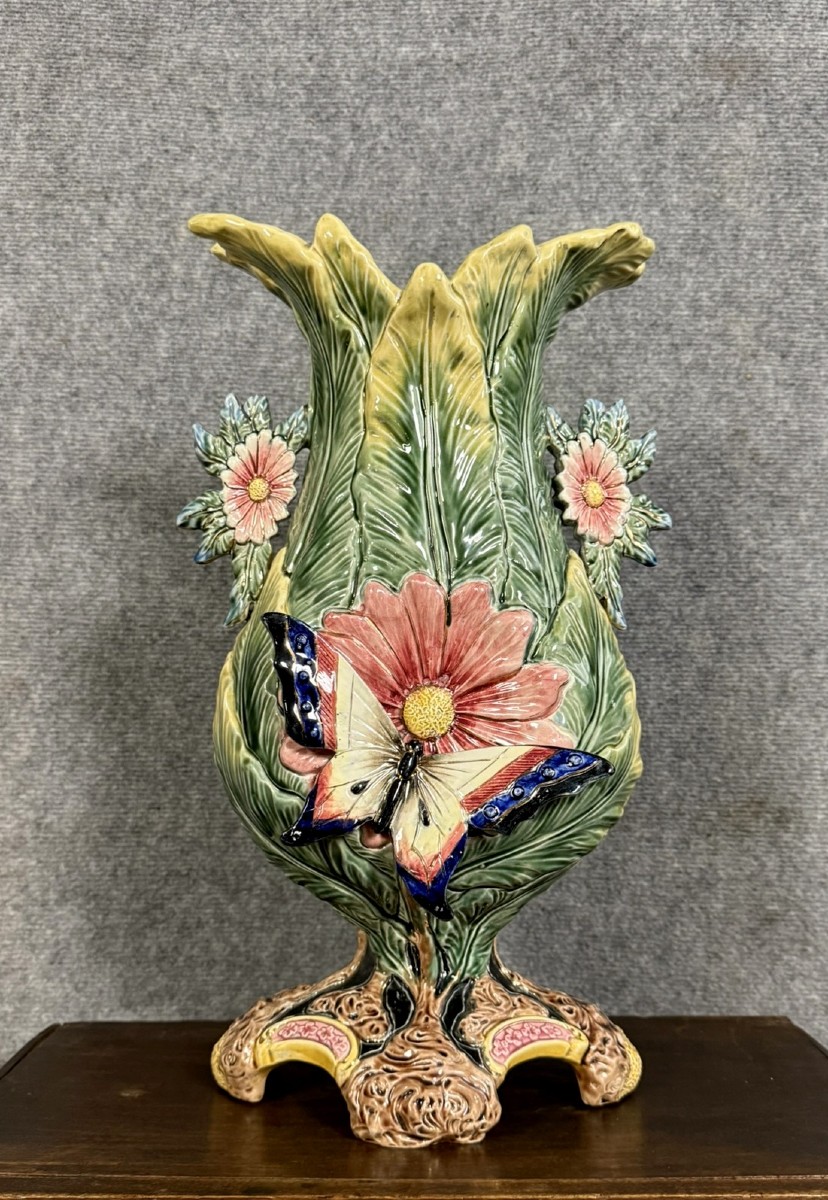 Very Important Butterfly Vase From The Art Nouveau Period In Barbotine