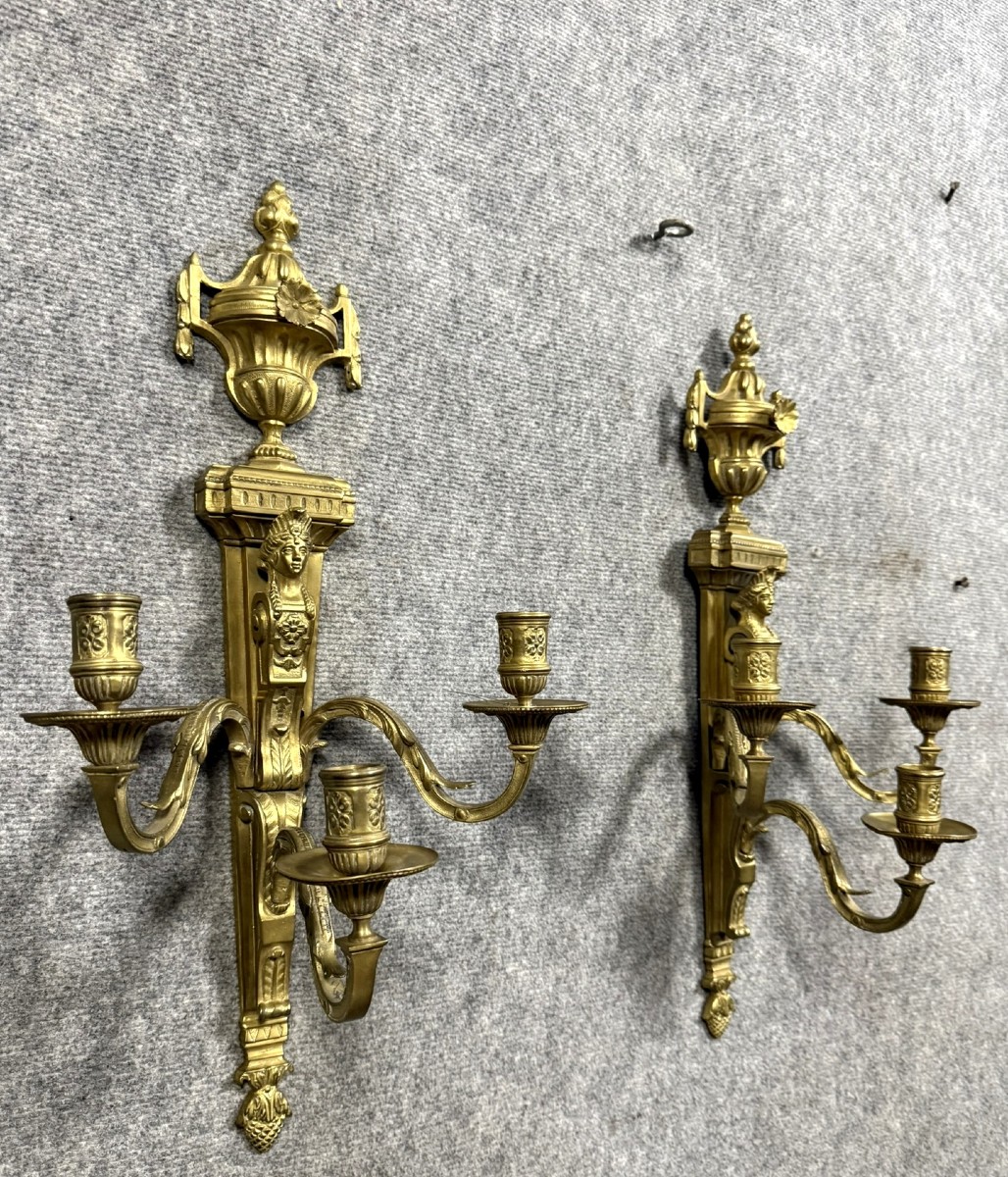 Very Important Pair Of Empire Wall Lights With Caryatids In Gilded Bronze  