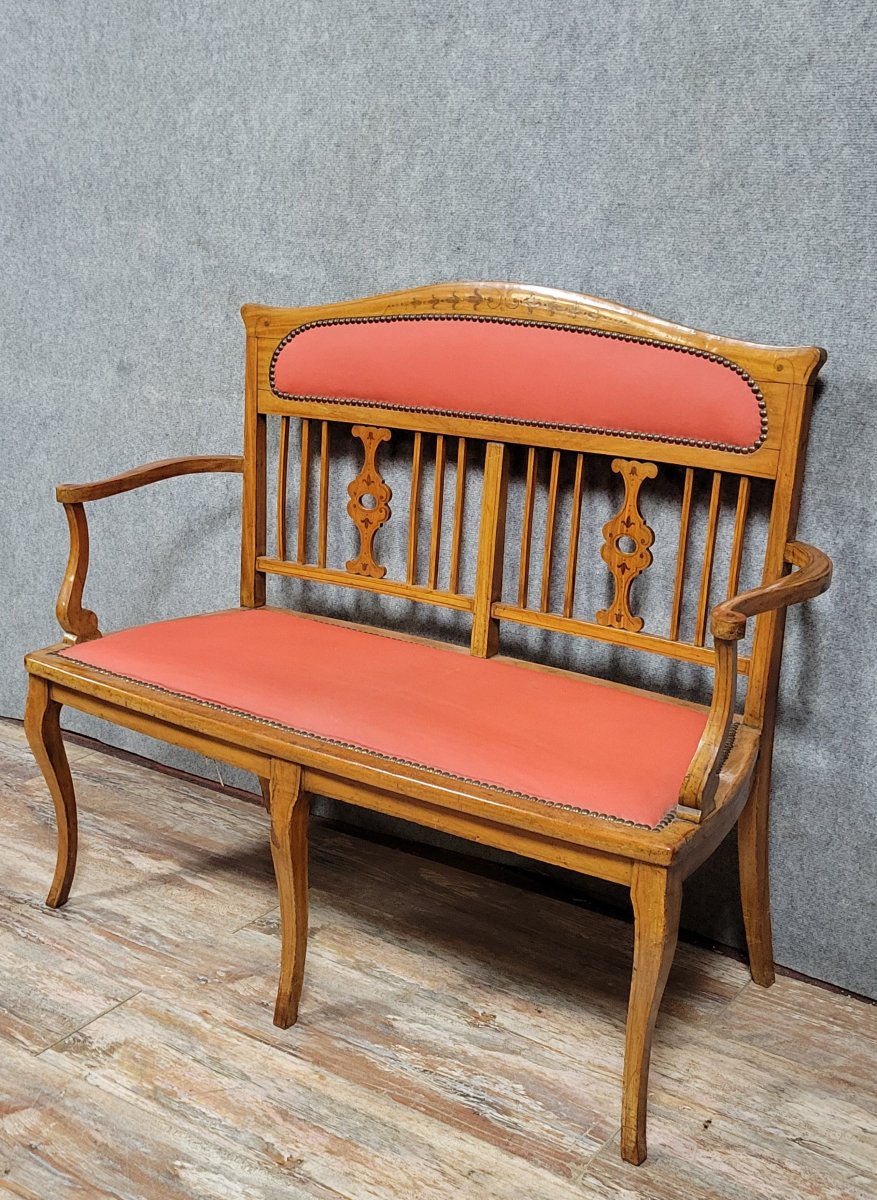 Banquette époque Art Nouveau en bois clair et marquéterie -photo-2