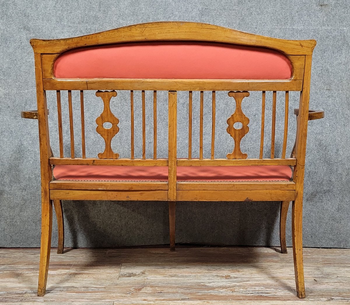 Banquette époque Art Nouveau en bois clair et marquéterie -photo-6