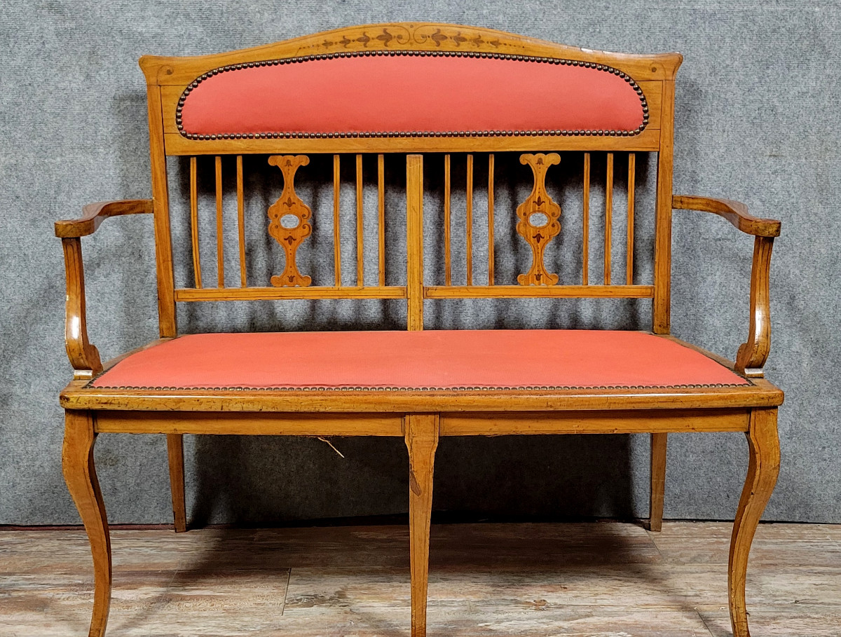 Banquette époque Art Nouveau en bois clair et marquéterie 