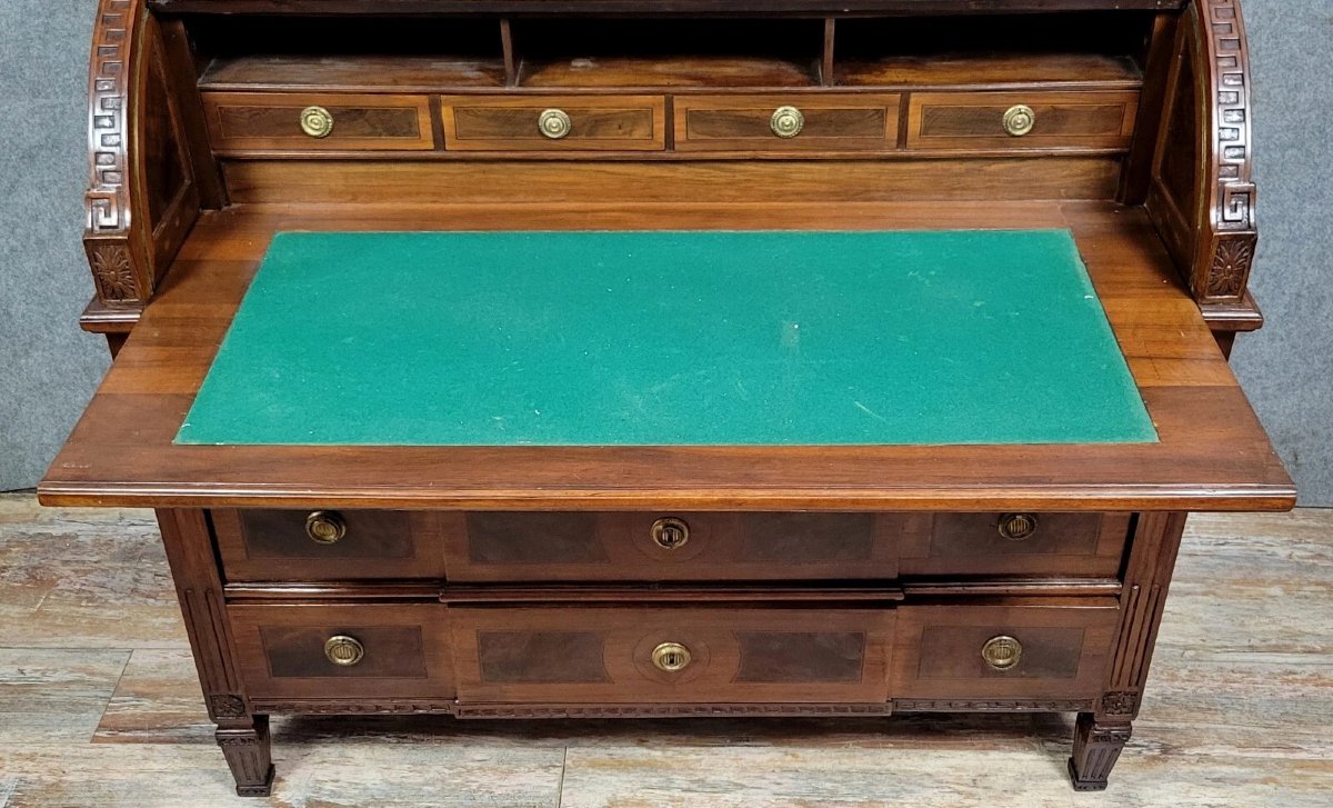 Importante commode bureau à cylindre époque Louis XVI en marqueterie -photo-6