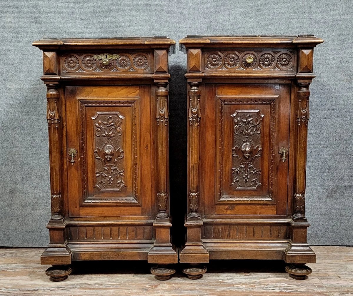 Pair Of Renaissance Style Bedside Tables In Carved Walnut -photo-7