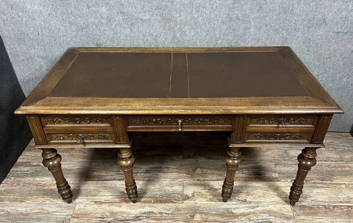 Large Renaissance-style Walnut Center Desk With Side Pulls