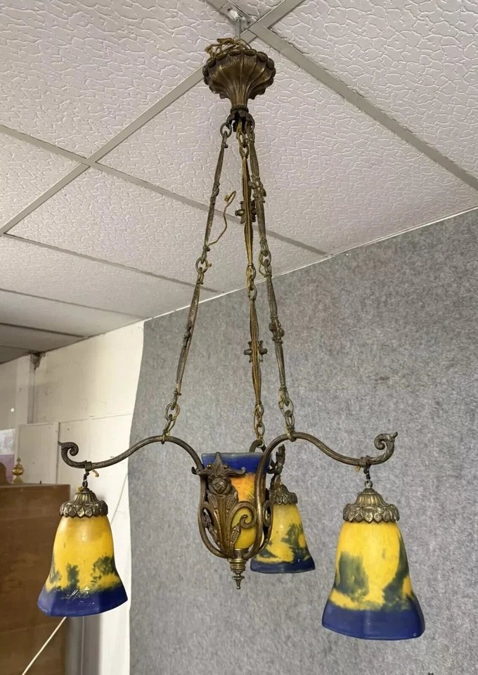 D'après Muller par Lafite : Lustre en bronze et pâte de verre époque Art Nouveau vers 1900-photo-2