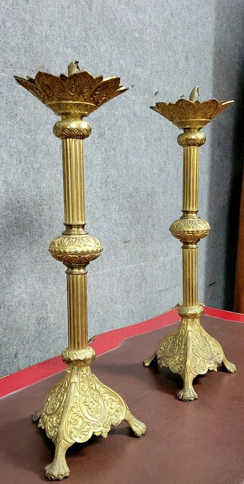 Paire De trés grands piques ciérge époque Empire en bronze doré-photo-2