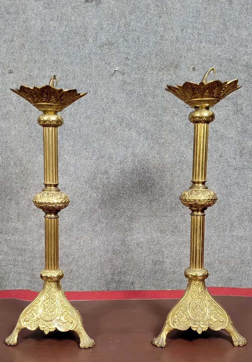 Paire De trés grands piques ciérge époque Empire en bronze doré