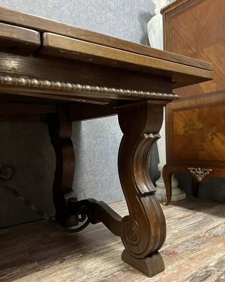Renaissance Style Extending Table In Oak Circa 1900-photo-2