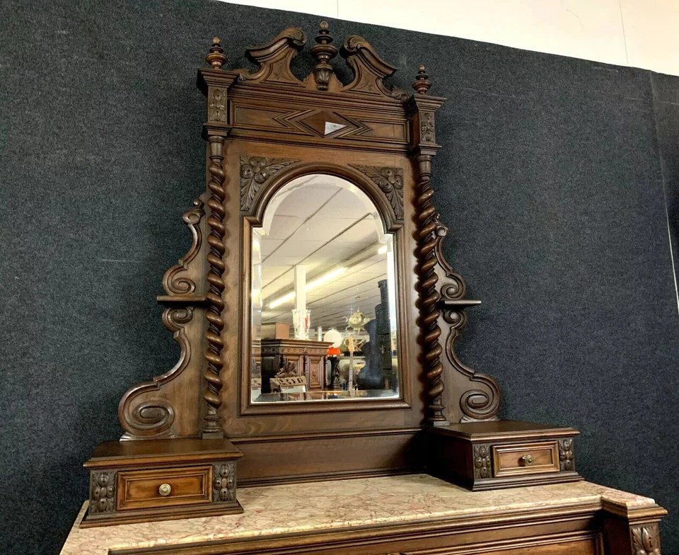 Buffet a miroir psyché de pavillon de chasse style Renaissance en noyer massif-photo-3