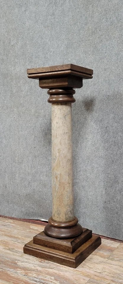 Antique Column Or Pedestal In Marble And Oak Circa 1850-photo-1