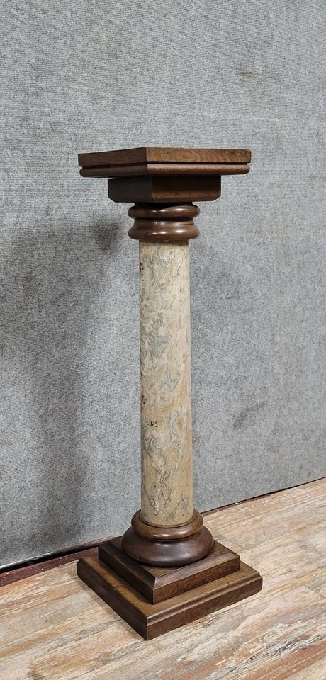 Antique Column Or Pedestal In Marble And Oak Circa 1850-photo-2