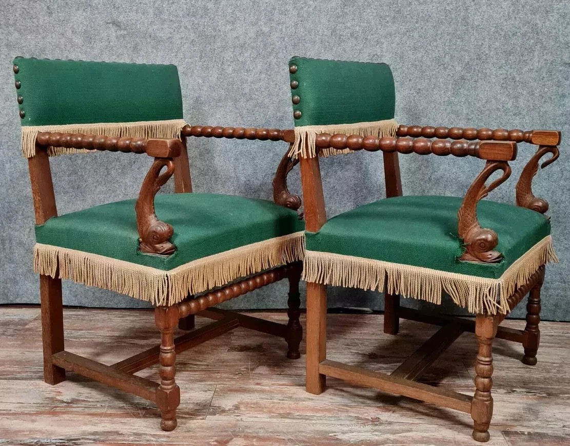 Pair Of Renaissance-style Dolphin Armchairs In Solid Oak, Circa 1850