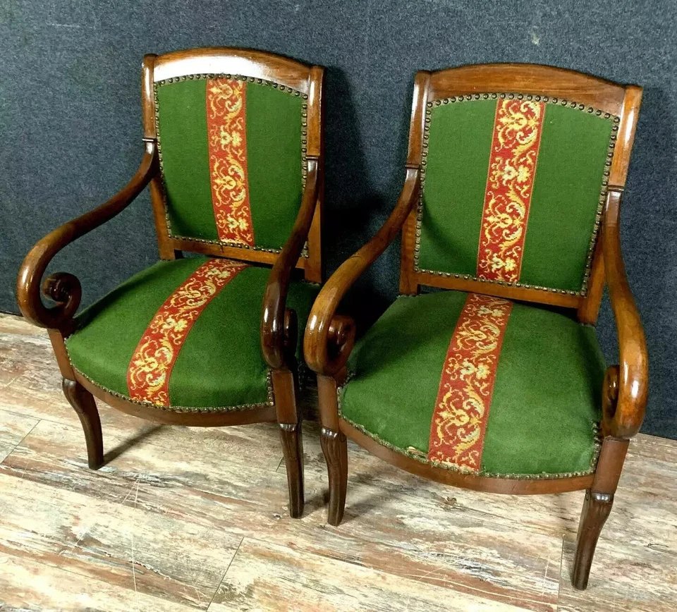 Pair Of Empire Restoration Period Armchairs In Mahogany With Small Dot Tapestry-photo-1