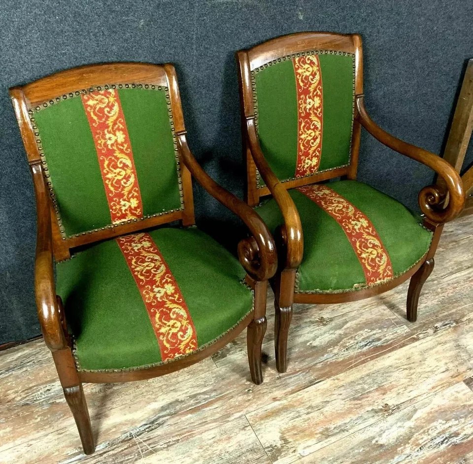 Pair Of Empire Restoration Period Armchairs In Mahogany With Small Dot Tapestry-photo-2