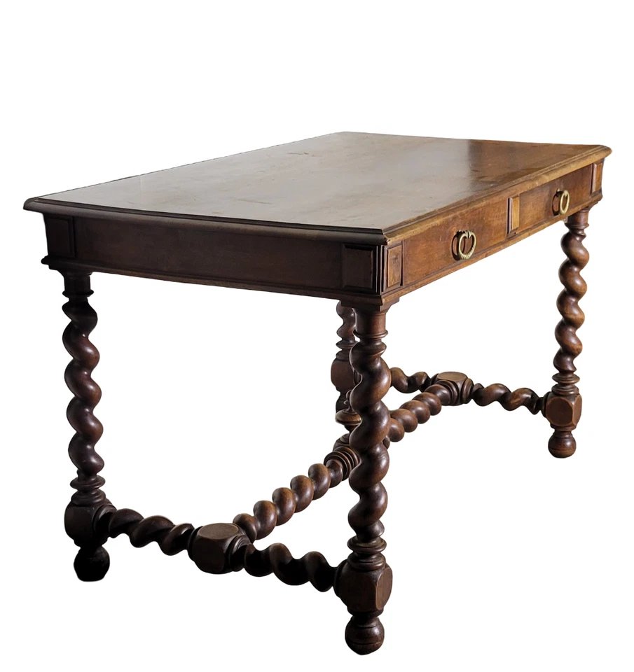 Bureau de centre style Louis XIII en noyer massif 1850-photo-2