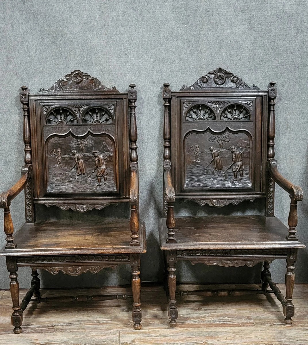 Paire de fauteuils Breton en bois sculpté époque XIXeme