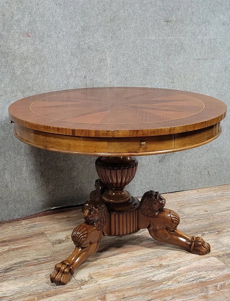 Empire Style Mahogany And Marquetry Pedestal Table With Belt Circa 1880-photo-2