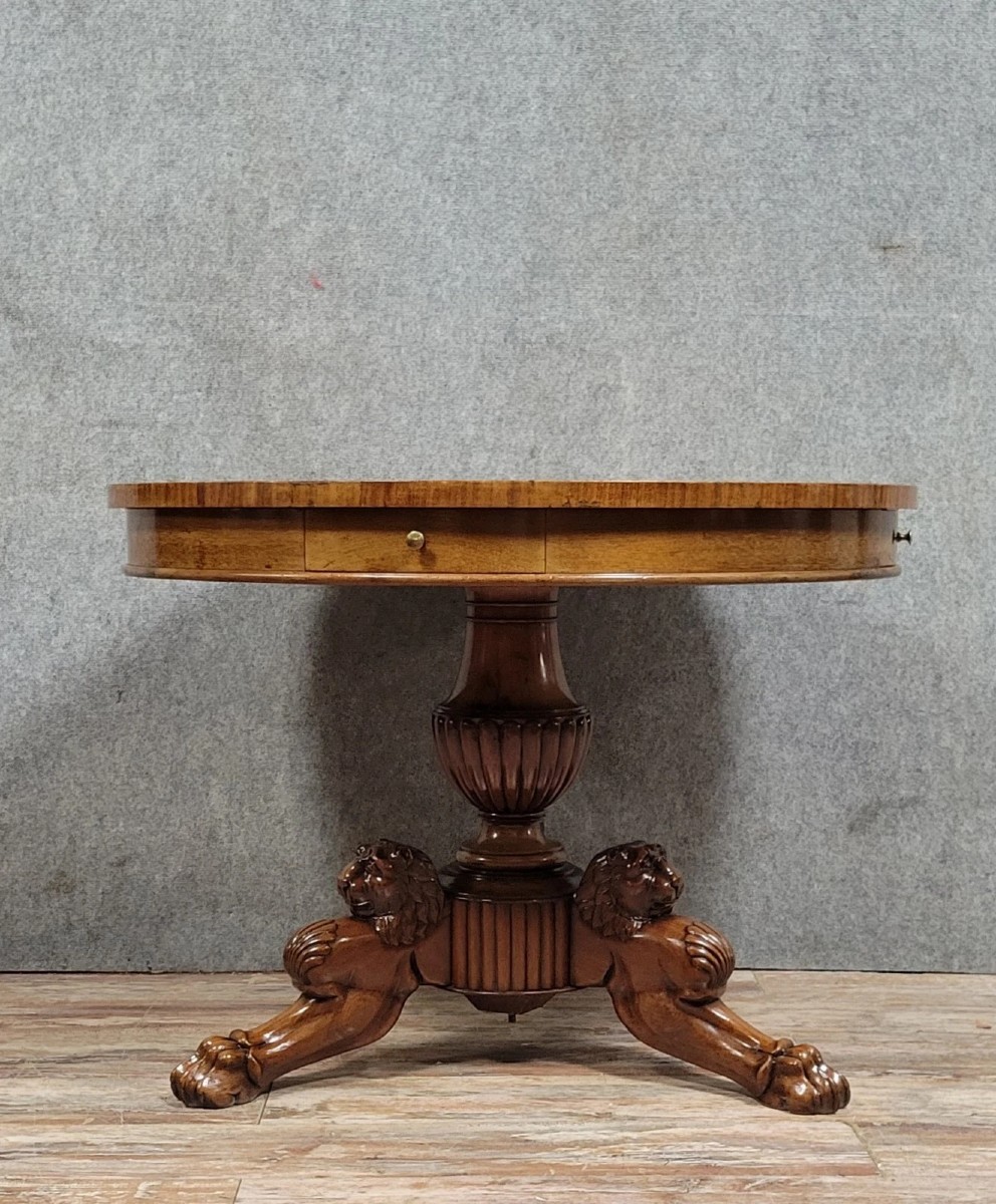 Empire Style Mahogany And Marquetry Pedestal Table With Belt Circa 1880