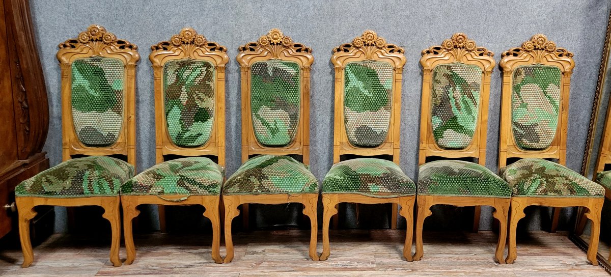 Dans l'esprit des formes d'Alfonce Mucha : rare série de chaises époque Art Nouveau -photo-2