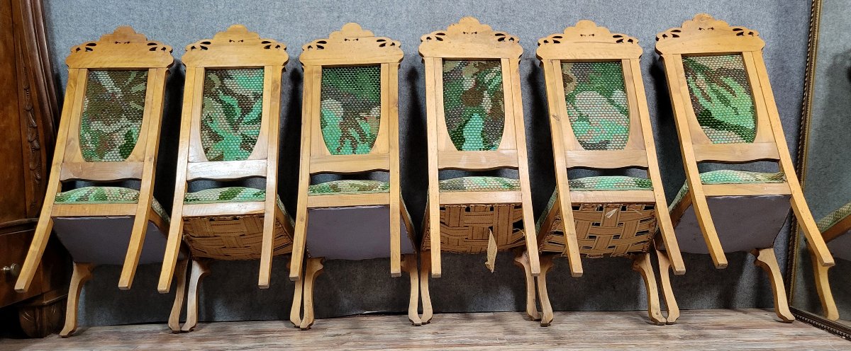 Dans l'esprit des formes d'Alfonce Mucha : rare série de chaises époque Art Nouveau -photo-6