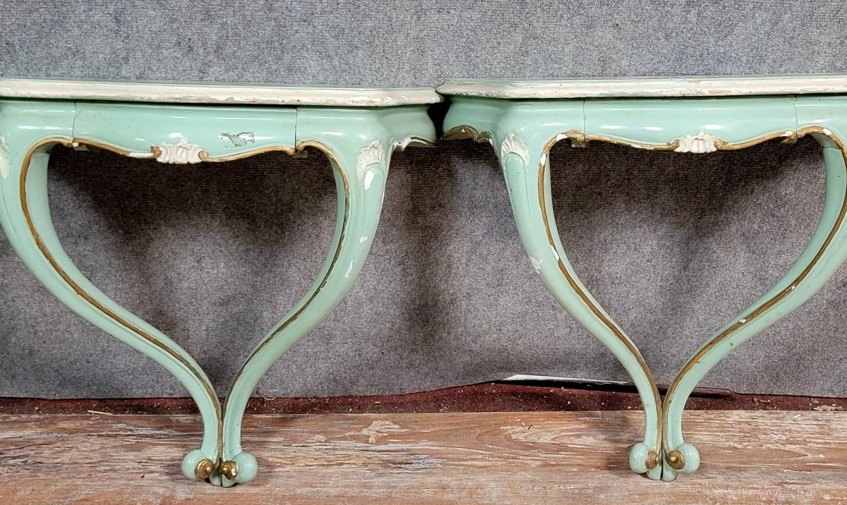 Pair Of Venetian Consoles In Louis XV Style In Painted Wood-photo-1